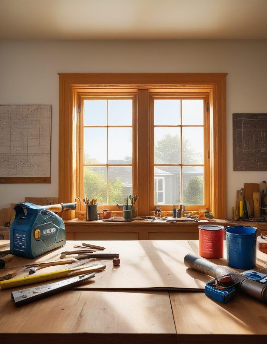 A dynamic workspace featuring a variety of high-quality tools such as hammers, saws, and drills set against a backdrop of a partially renovated home. Include a measuring tape, a blueprint of a house on the table, and paint cans to signify creativity. Bright sunlight streaming through a window, casting shadows that enhance the craftsmanship theme. super-realistic. vibrant colors. detailed textures.
