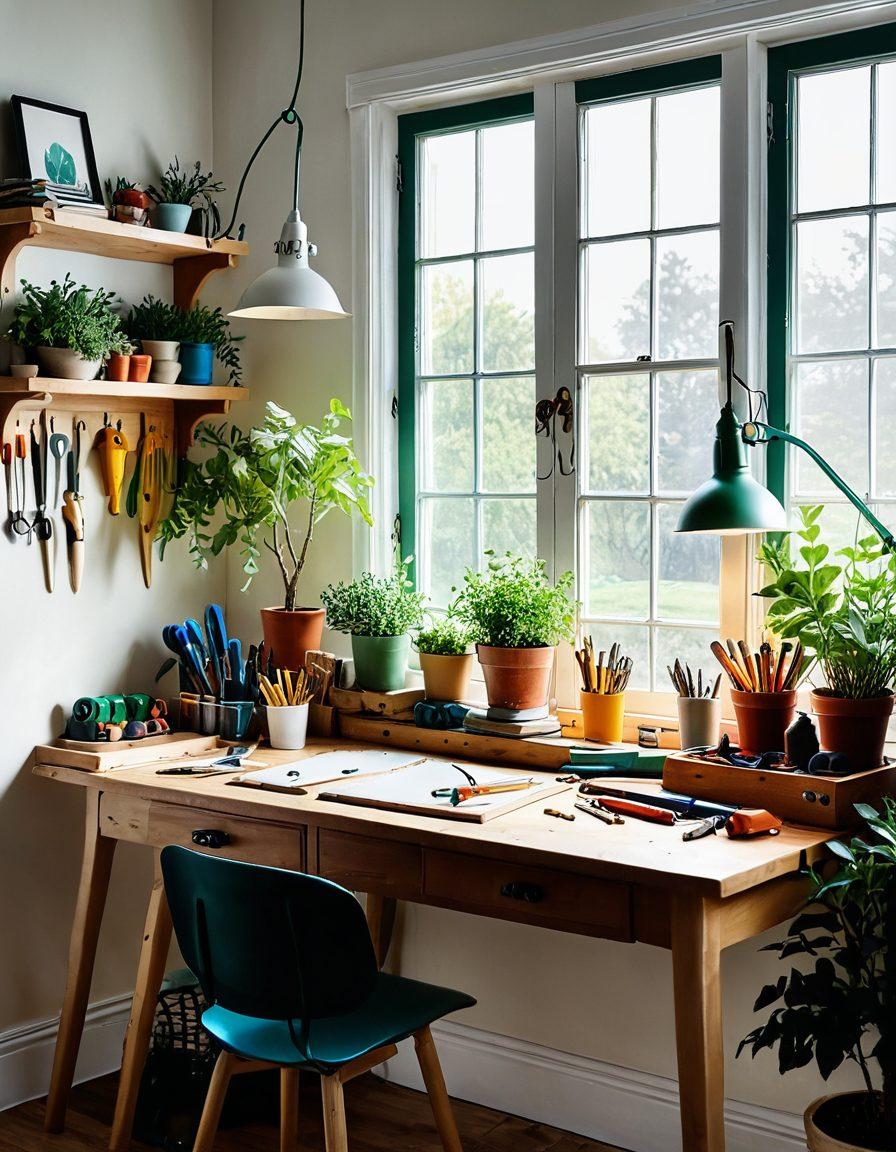 A bright, inviting workspace filled with a variety of colorful tools like hammers, paintbrushes, and screwdrivers, surrounded by inspiring home decor projects in progress, including plants and artwork. Light streaming in through a window creates a warm, joyful atmosphere. super-realistic. vibrant colors. white background.