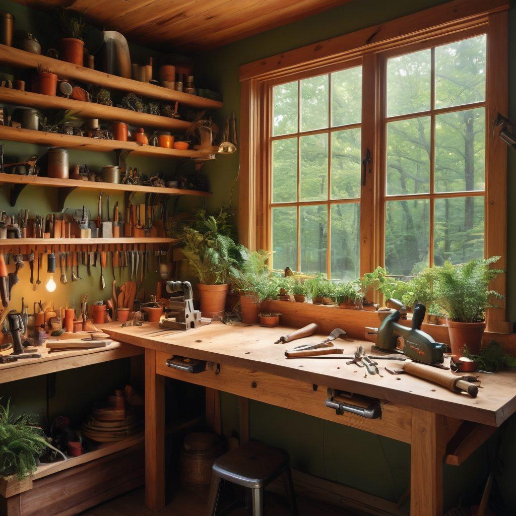 A cozy and well-organized workshop filled with various DIY tools like hammers, saws, and drills, surrounded by vibrant wood and metal crafts. A soft glow of warm light illuminates a workbench where hands are seen crafting a project, evoking a sense of creativity and delight. A window displays lush greenery outside, symbolizing inspiration. The scene conveys a perfect blend of functionality and artistry. super-realistic. vibrant colors. warm lighting.
